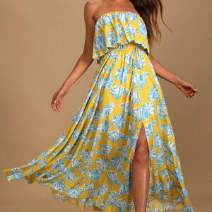 Lulus Love Boldly Yellow Floral Print Strapless Maxi Dress